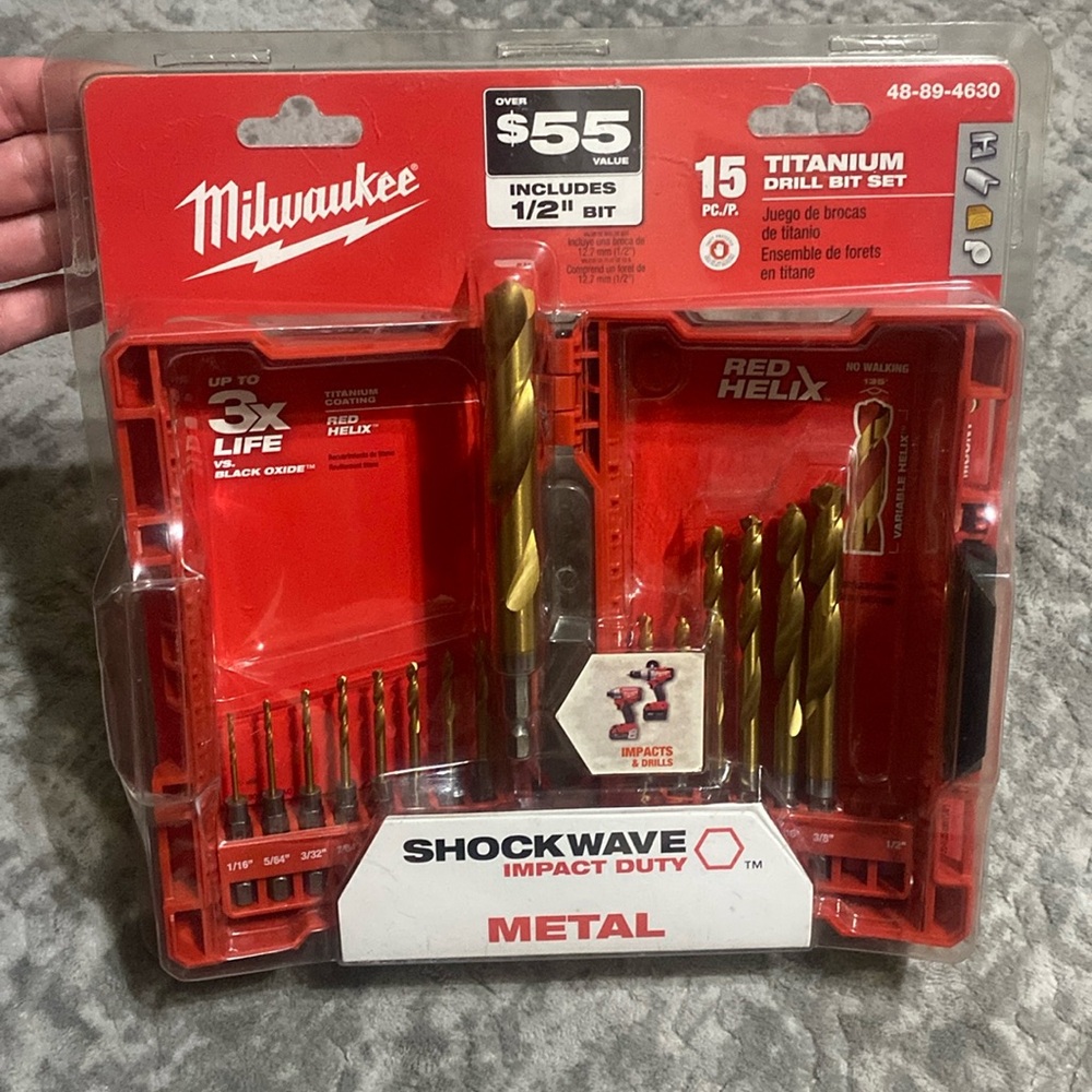 NWT 15pc Milwaukee shockwave red helix Titanium Drill Bit Set IMPACT DUTY METAL.